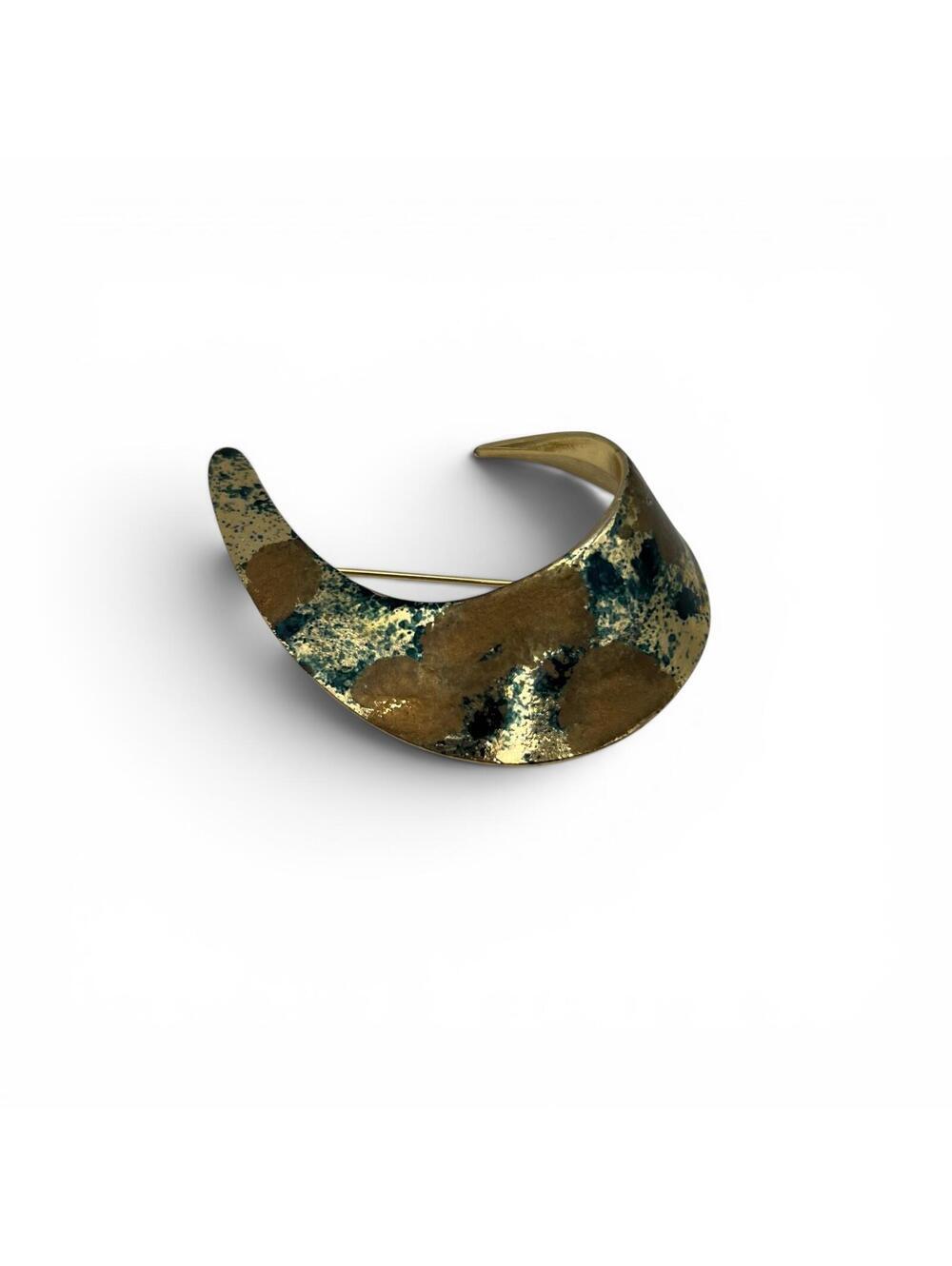 Vintage Abstract Gold Tone Patina Crescent Shaped Brooch Pin